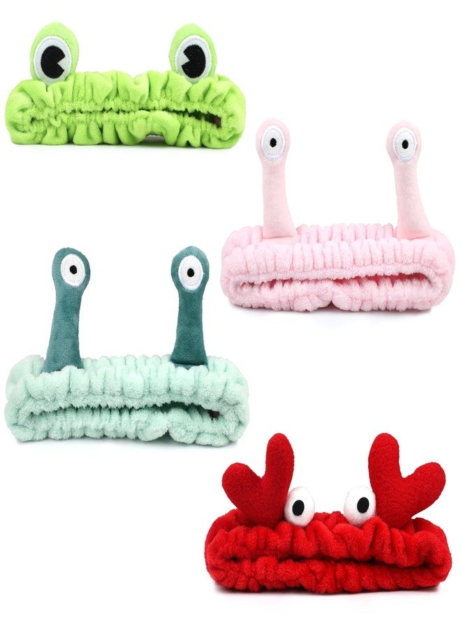 HIKIMA 4 Pack Face Wash Headband Facial Makeup Skincare Headbands, Elastic Coral Fleece Spa Hairband for Washing Face, Cartoon Fun Frog Snail Crab Hair Accessories - Image 1